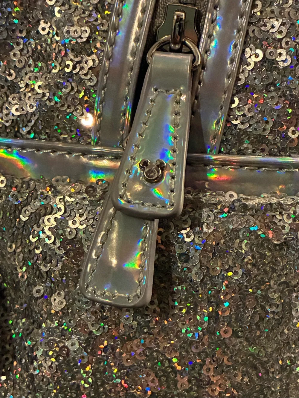 Disney Loungefly Silver Sequin Mini Backpack with Holographic Bow